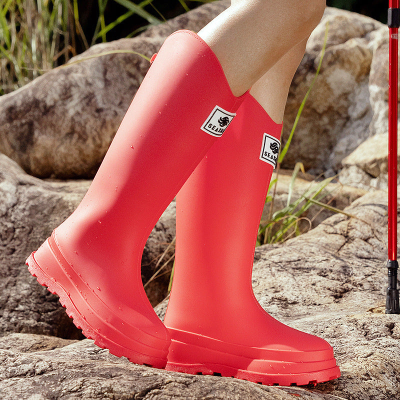 High-Quality, Fashionable, Versatile Non-Slip Rain Boots for Women, Waterproof Long-Tube Women's Rubber Shoes, Red Rain Shoes, Kitchen Water Shoes