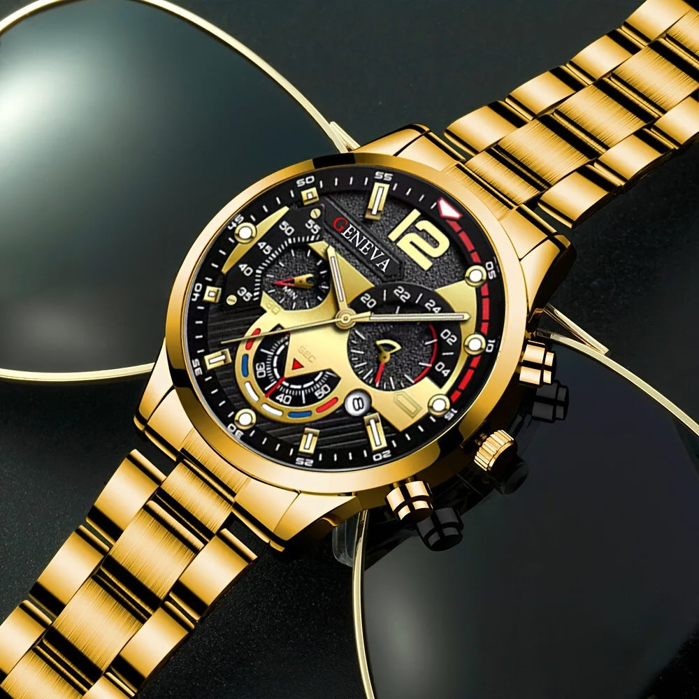 Men's 4-piece Luxury Stainless Steel Quartz Watch with Calendar Gold Cross Necklace Bracelet and Ring