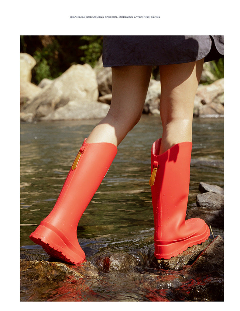 High-Quality, Fashionable, Versatile Non-Slip Rain Boots for Women, Waterproof Long-Tube Women's Rubber Shoes, Red Rain Shoes, Kitchen Water Shoes