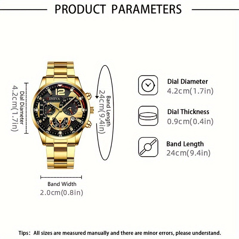 Men's 4-piece Luxury Stainless Steel Quartz Watch with Calendar Gold Cross Necklace Bracelet and Ring