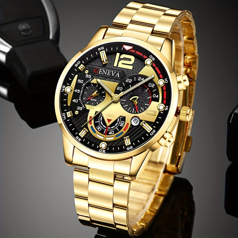 Men's 4-piece Luxury Stainless Steel Quartz Watch with Calendar Gold Cross Necklace Bracelet and Ring