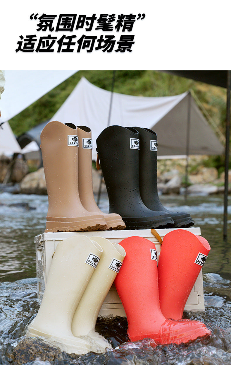 High-Quality, Fashionable, Versatile Non-Slip Rain Boots for Women, Waterproof Long-Tube Women's Rubber Shoes, Red Rain Shoes, Kitchen Water Shoes
