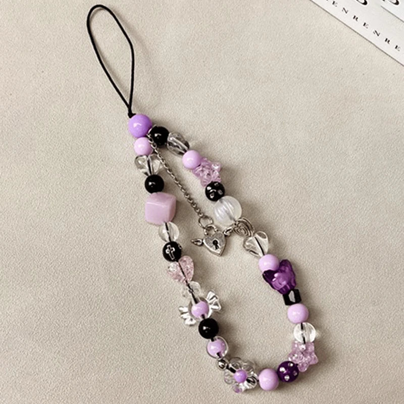 Korea Purple Beaded Flower Candy Butterfly Bracelet Phone Chain Pendant For iPhone Universal Accessories Chain Stylish Jewelry