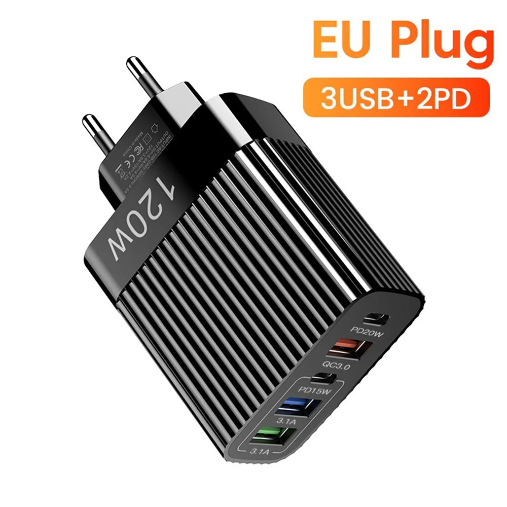 5 Ports 120W USB Charger Fast Charging Type C Phone Charger Power Adapter For iPhone 15 Samsung Xiaomi Huawei USB C Wall Charger