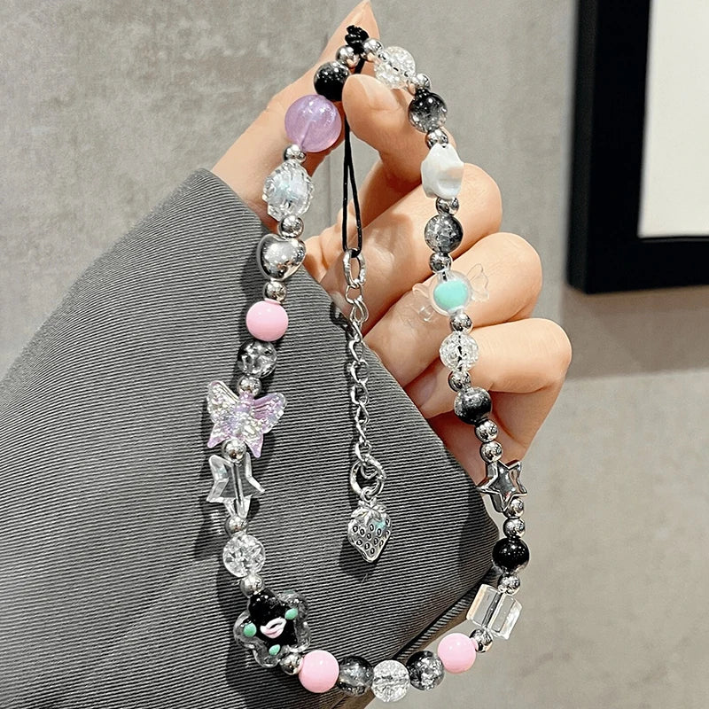 Korea Purple Beaded Flower Candy Butterfly Bracelet Phone Chain Pendant For iPhone Universal Accessories Chain Stylish Jewelry