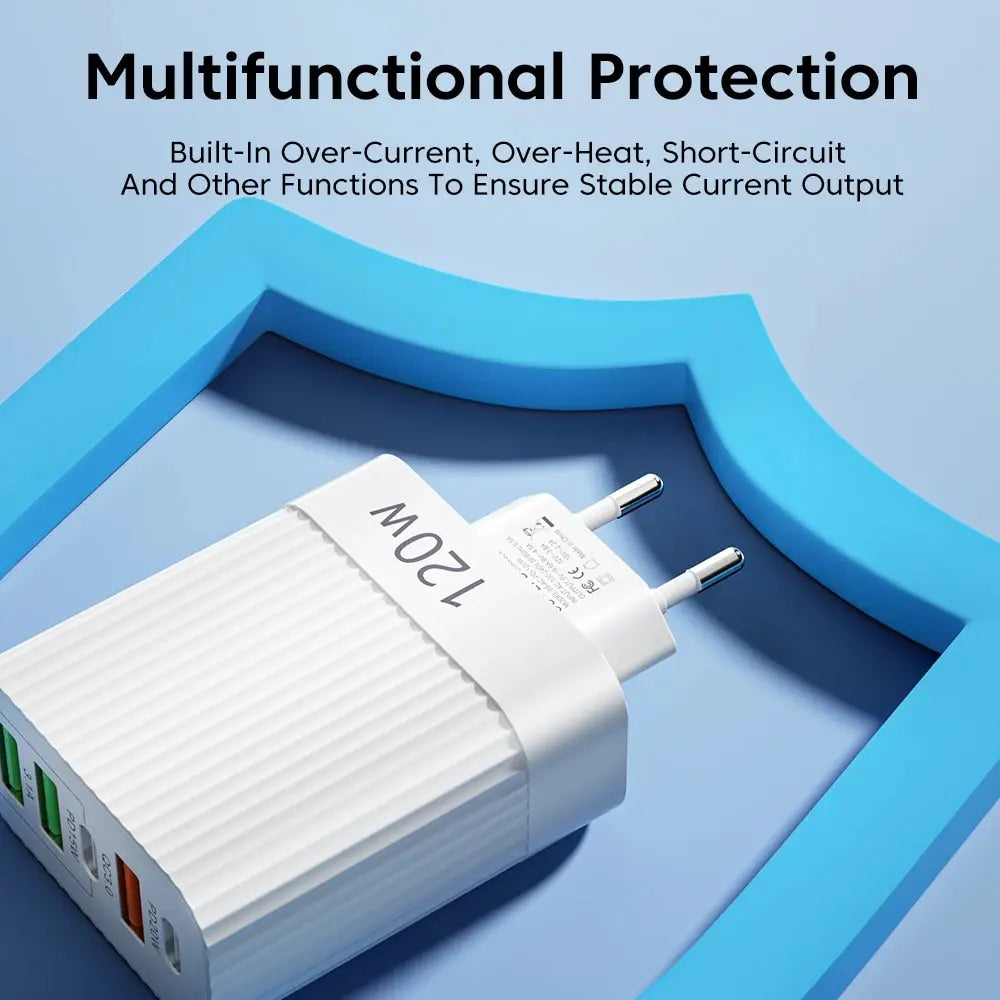5 Ports 120W USB Charger Fast Charging Type C Phone Charger Power Adapter For iPhone 15 Samsung Xiaomi Huawei USB C Wall Charger