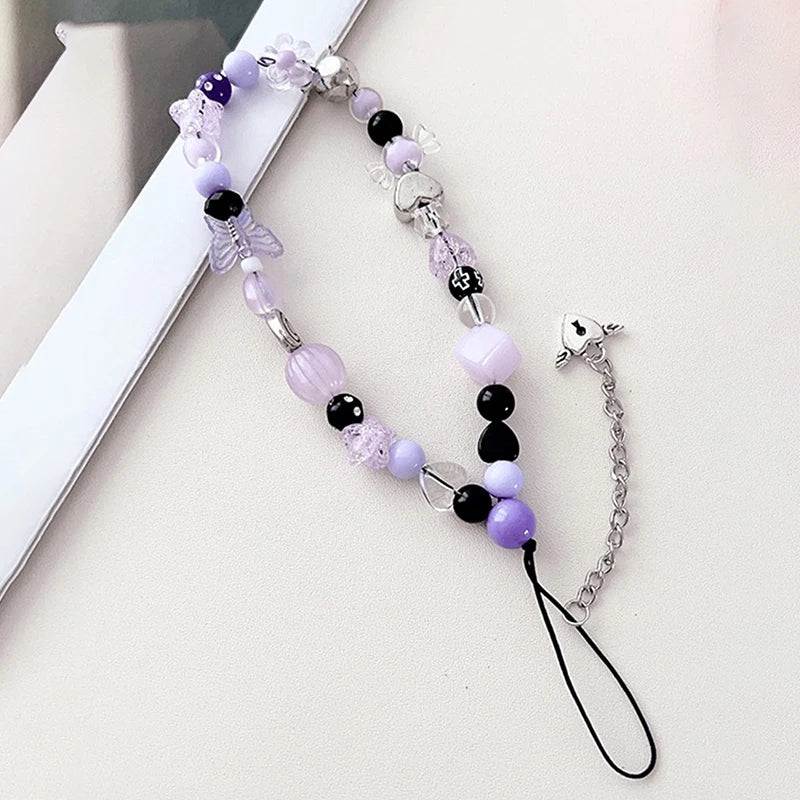 Korea Purple Beaded Flower Candy Butterfly Bracelet Phone Chain Pendant For iPhone Universal Accessories Chain Stylish Jewelry