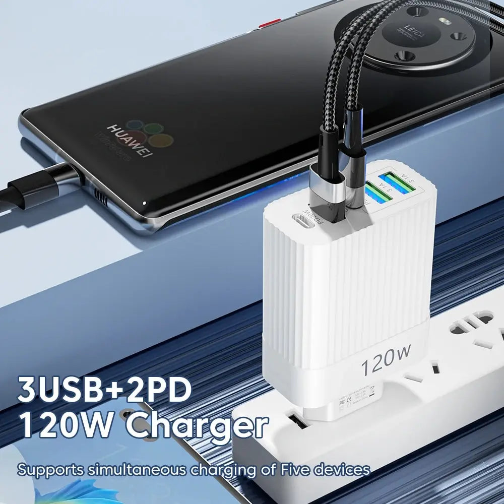 5 Ports 120W USB Charger Fast Charging Type C Phone Charger Power Adapter For iPhone 15 Samsung Xiaomi Huawei USB C Wall Charger