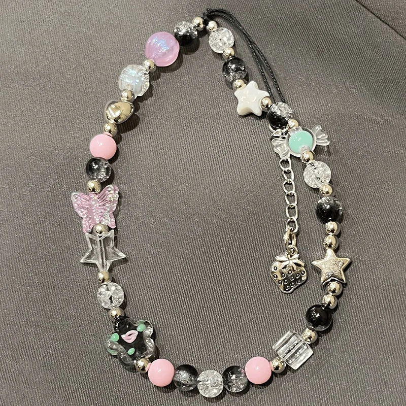 Korea Purple Beaded Flower Candy Butterfly Bracelet Phone Chain Pendant For iPhone Universal Accessories Chain Stylish Jewelry