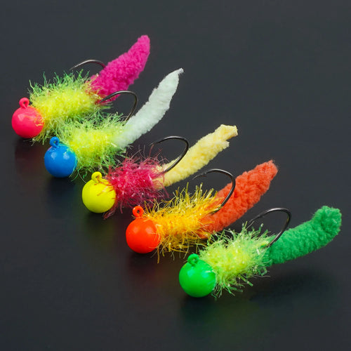 10pcs Crappie Jigs Jig Heads with Feather Hand-Tied Marabou Jigs 1/8oz Fishing Hair Jigs for Ice Fly Fishing Lures