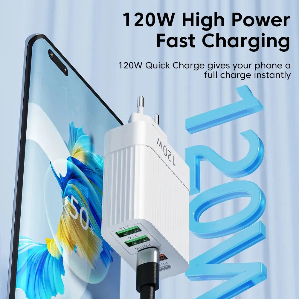 5 Ports 120W USB Charger Fast Charging Type C Phone Charger Power Adapter For iPhone 15 Samsung Xiaomi Huawei USB C Wall Charger