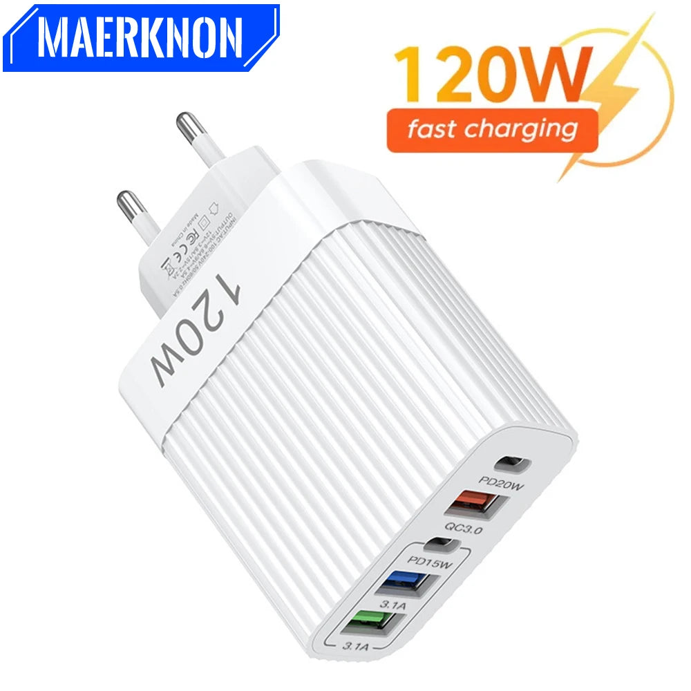 5 Ports 120W USB Charger Fast Charging Type C Phone Charger Power Adapter For iPhone 15 Samsung Xiaomi Huawei USB C Wall Charger